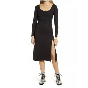 NWOT LEITH BLACK STRETCH MODEST MIDI DRESS SCOOP NECK SIDE SLIT LONG SLEEVES